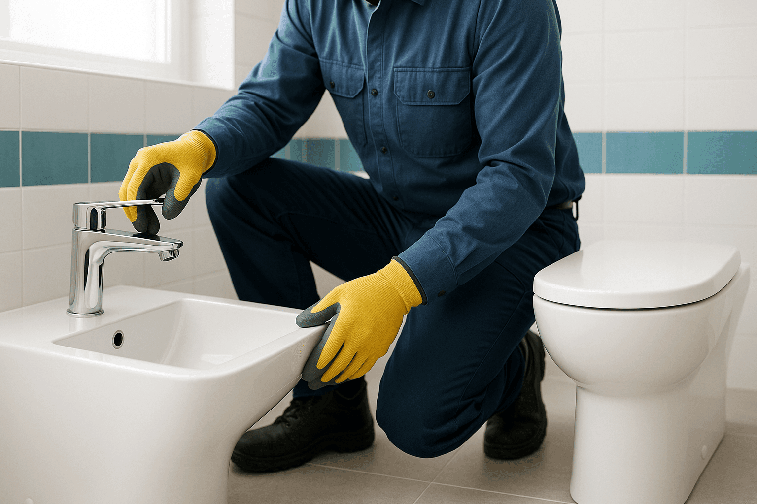 Plumber installing modern, water-saving bathroom fixtures