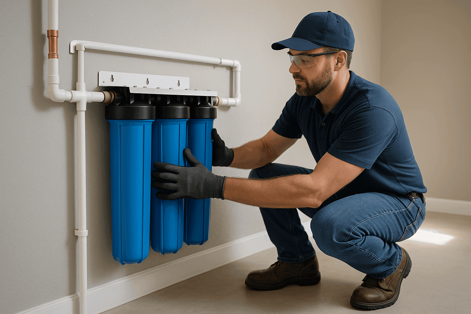 Plumber installing a whole-house water filtration system in basement