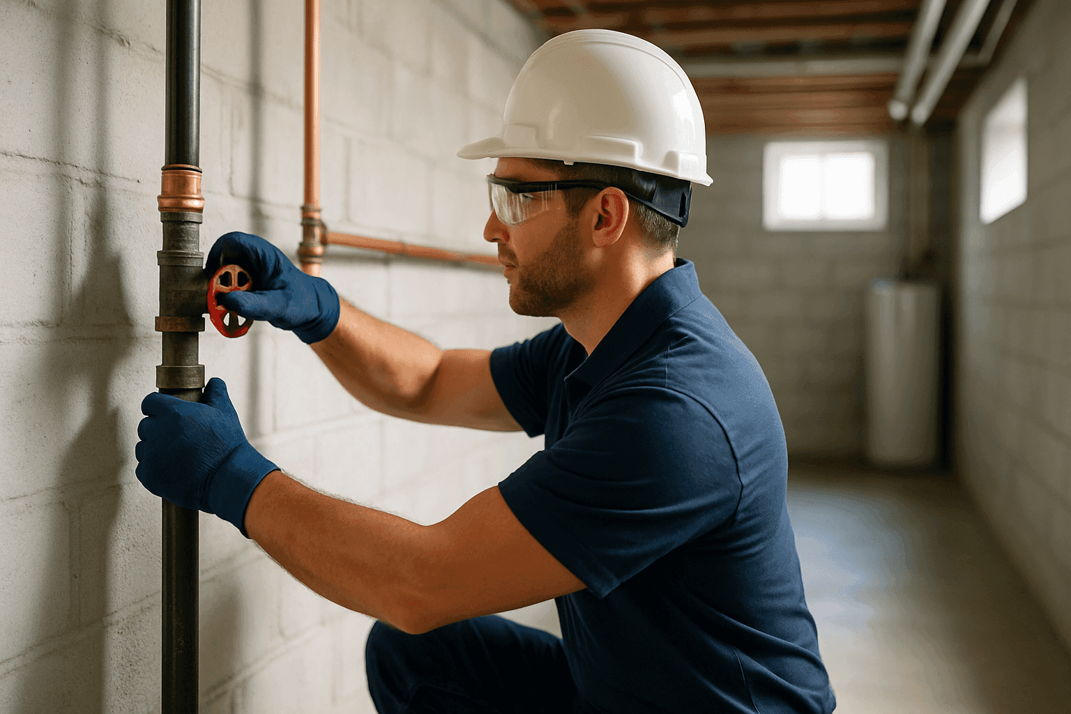 Plumber turning off main water valve in a basement during an emergency