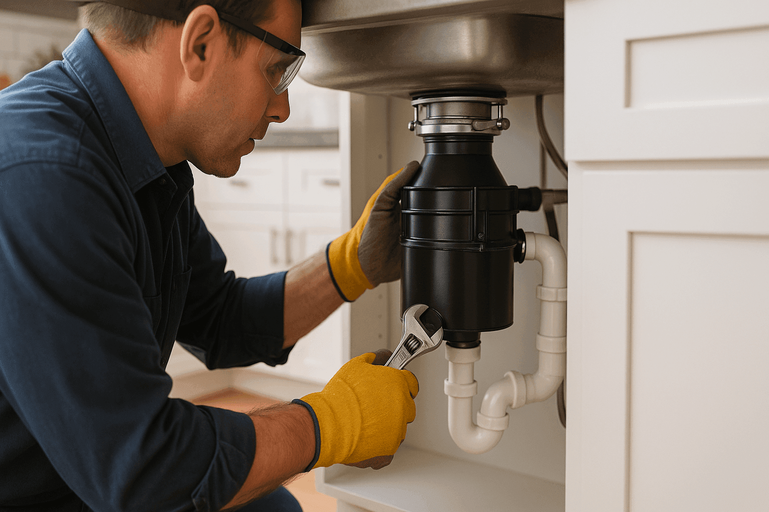 Plumber safely repairing a garbage disposal under kitchen sink