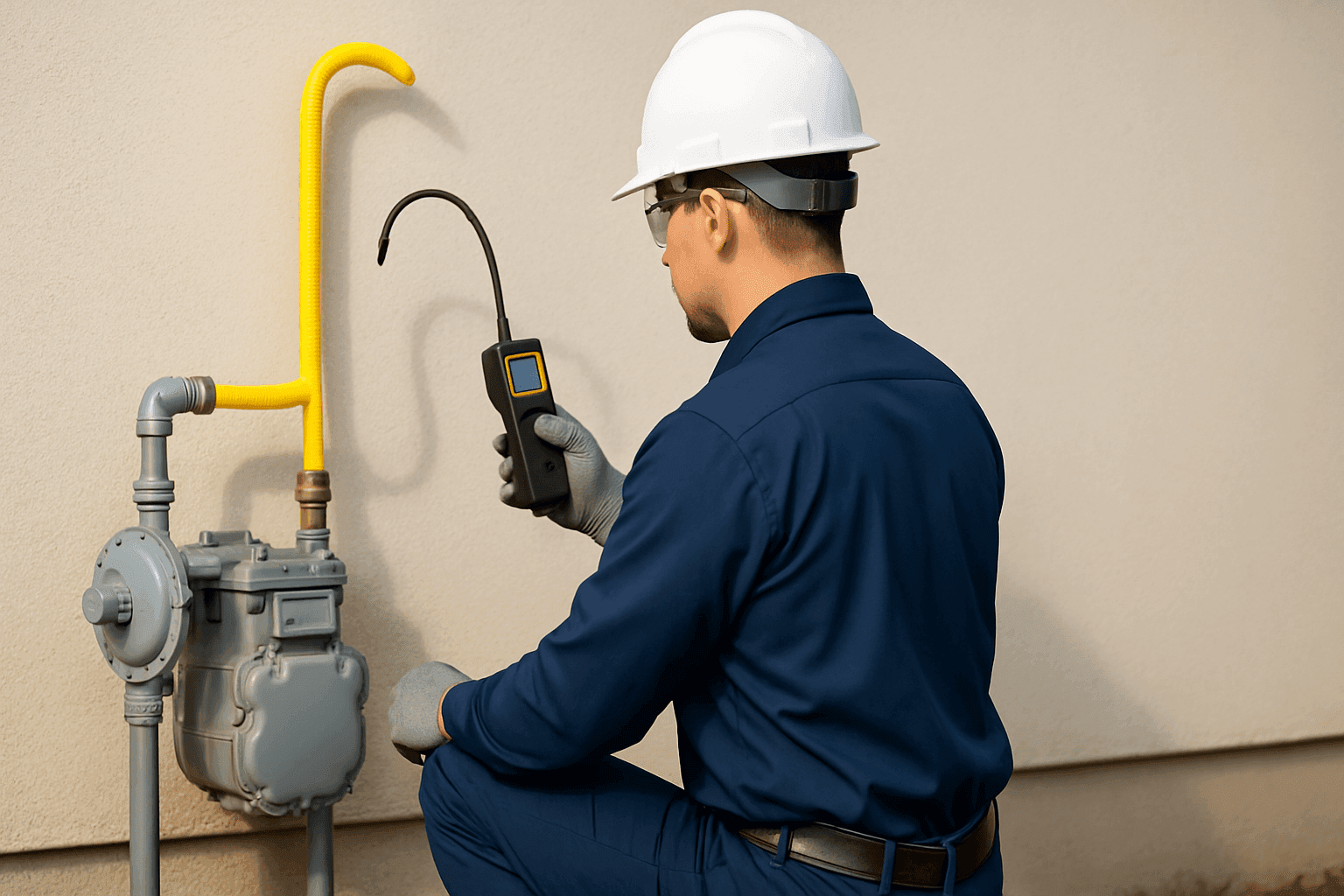Plumber using gas detector on new gas line installation outdoors