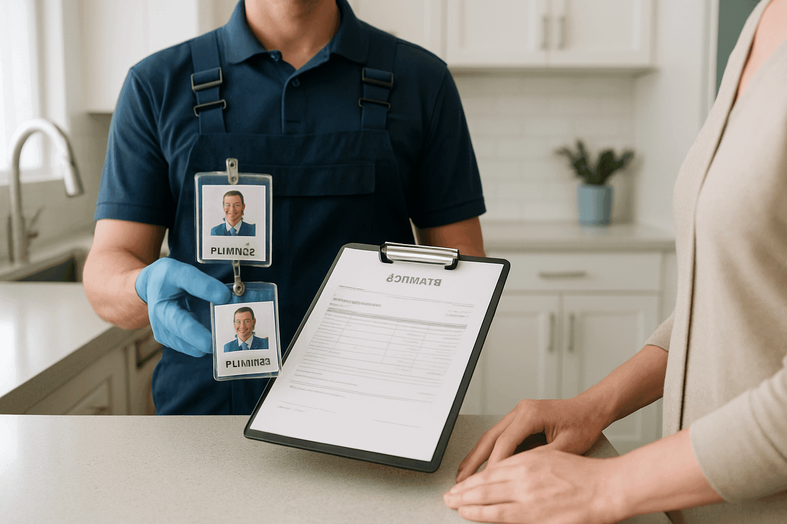 Plumber showing credentials and estimate to homeowner in kitchen