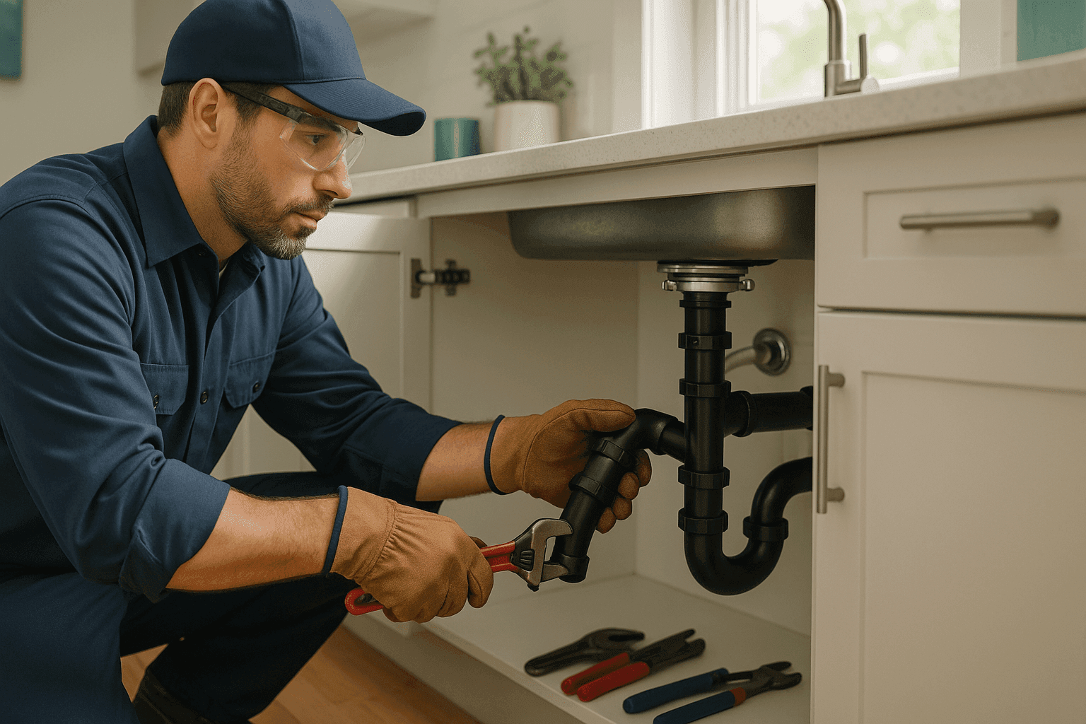 Plumber fixing kitchen sink drain under cabinet