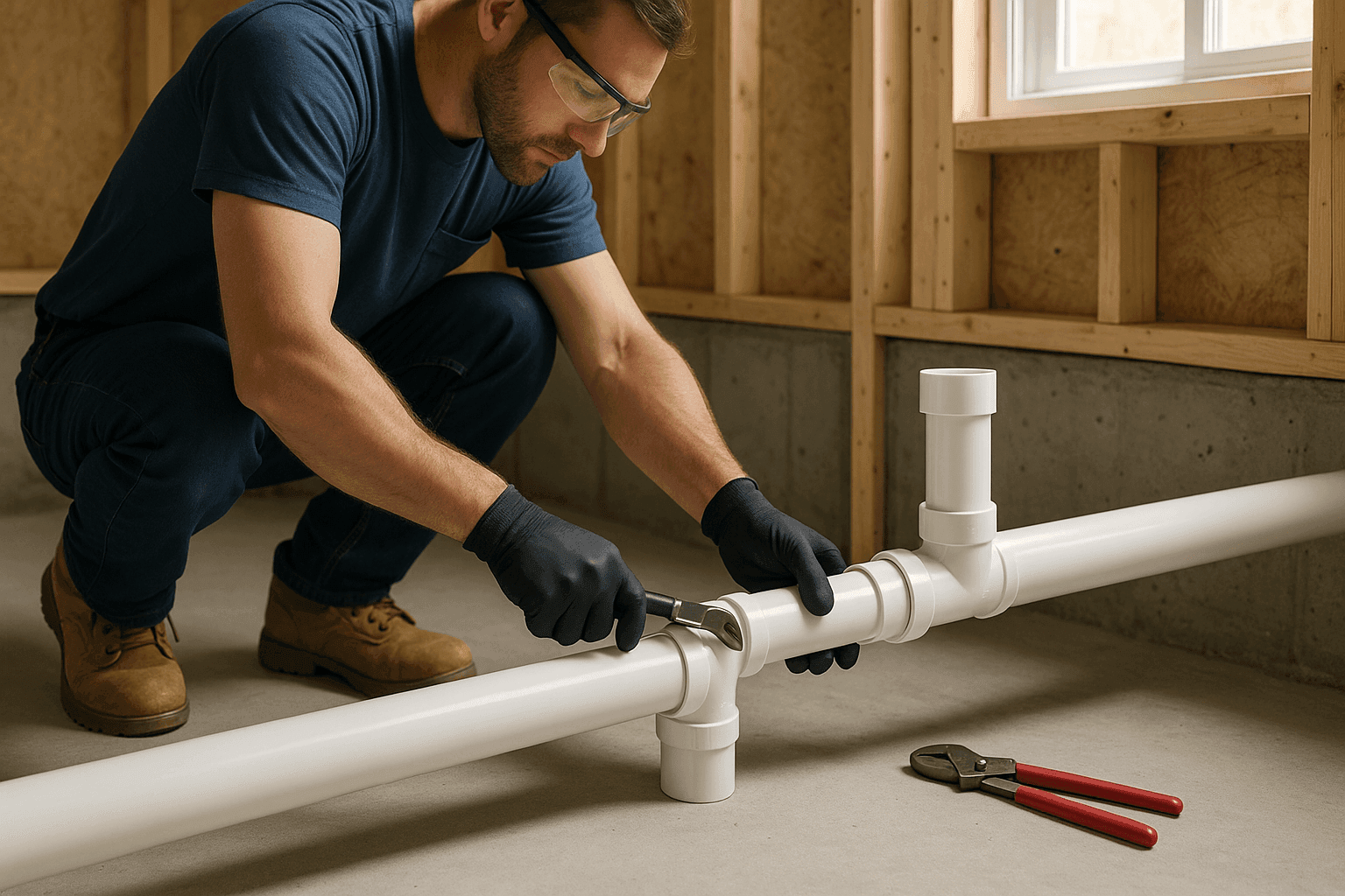 Plumber aligning new PVC pipes in a residential basement