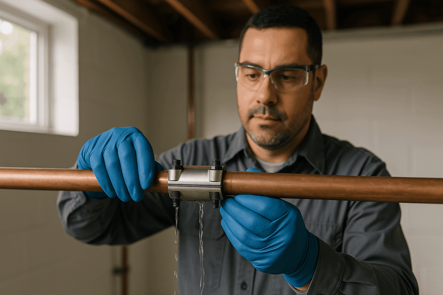 Plumber applying pipe repair clamp to leaking copper pipe