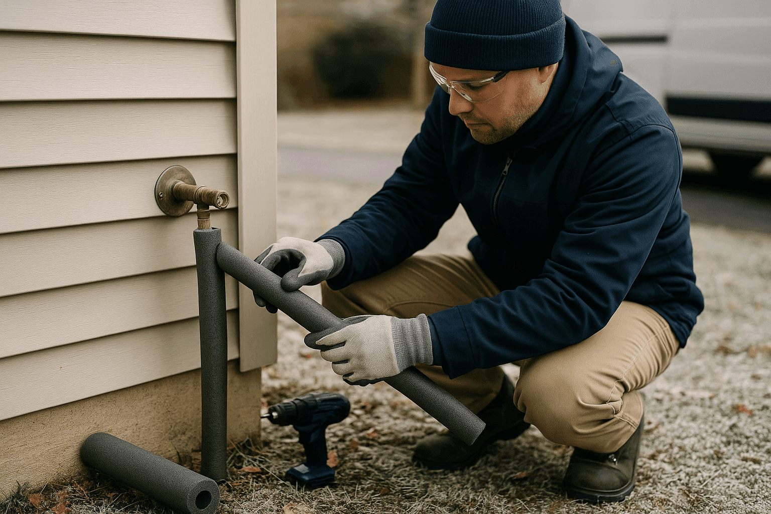 Homeowner insulating outdoor plumbing pipes to prevent freezing during winter