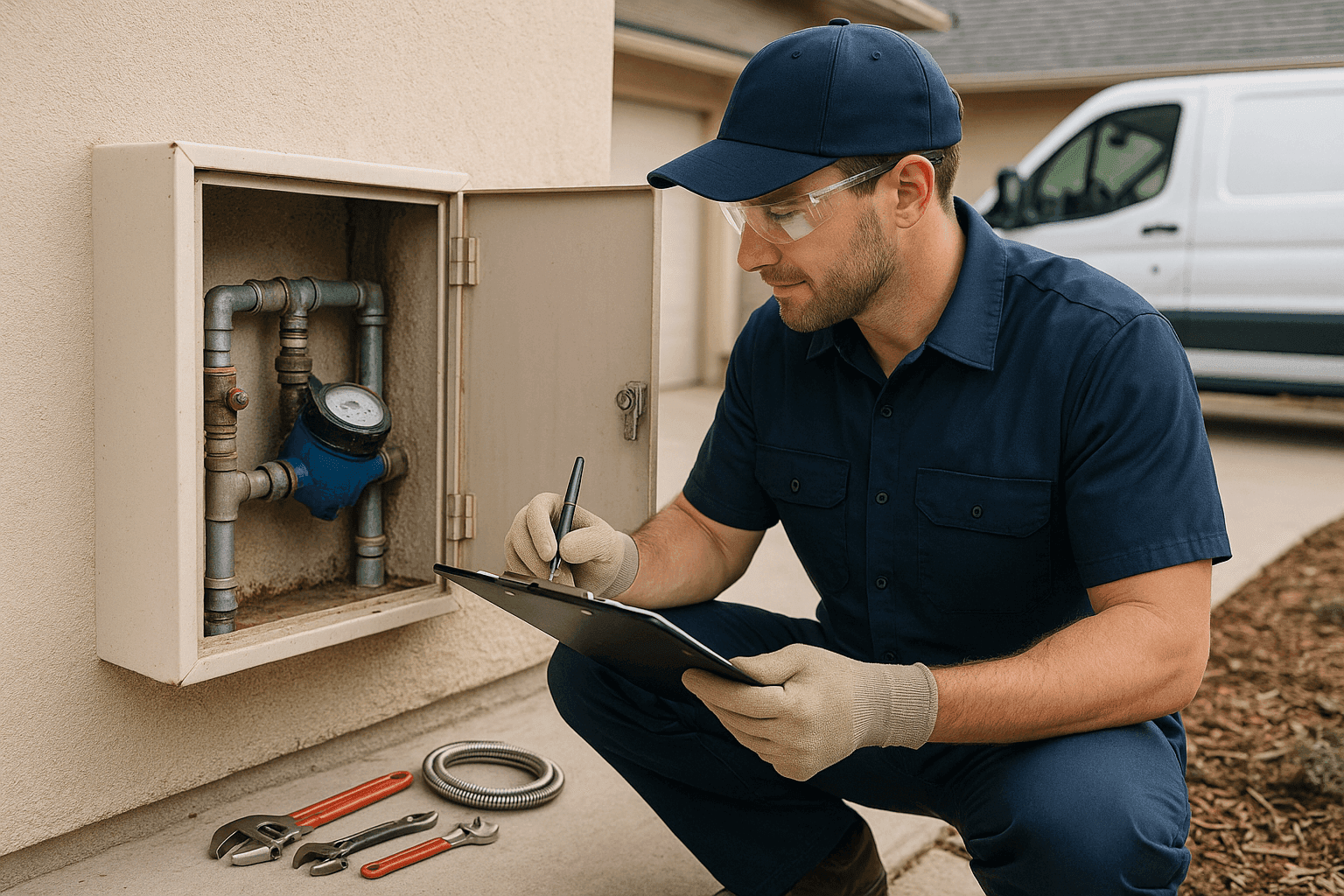 Plumber performing preventative plumbing inspection on residential pipes