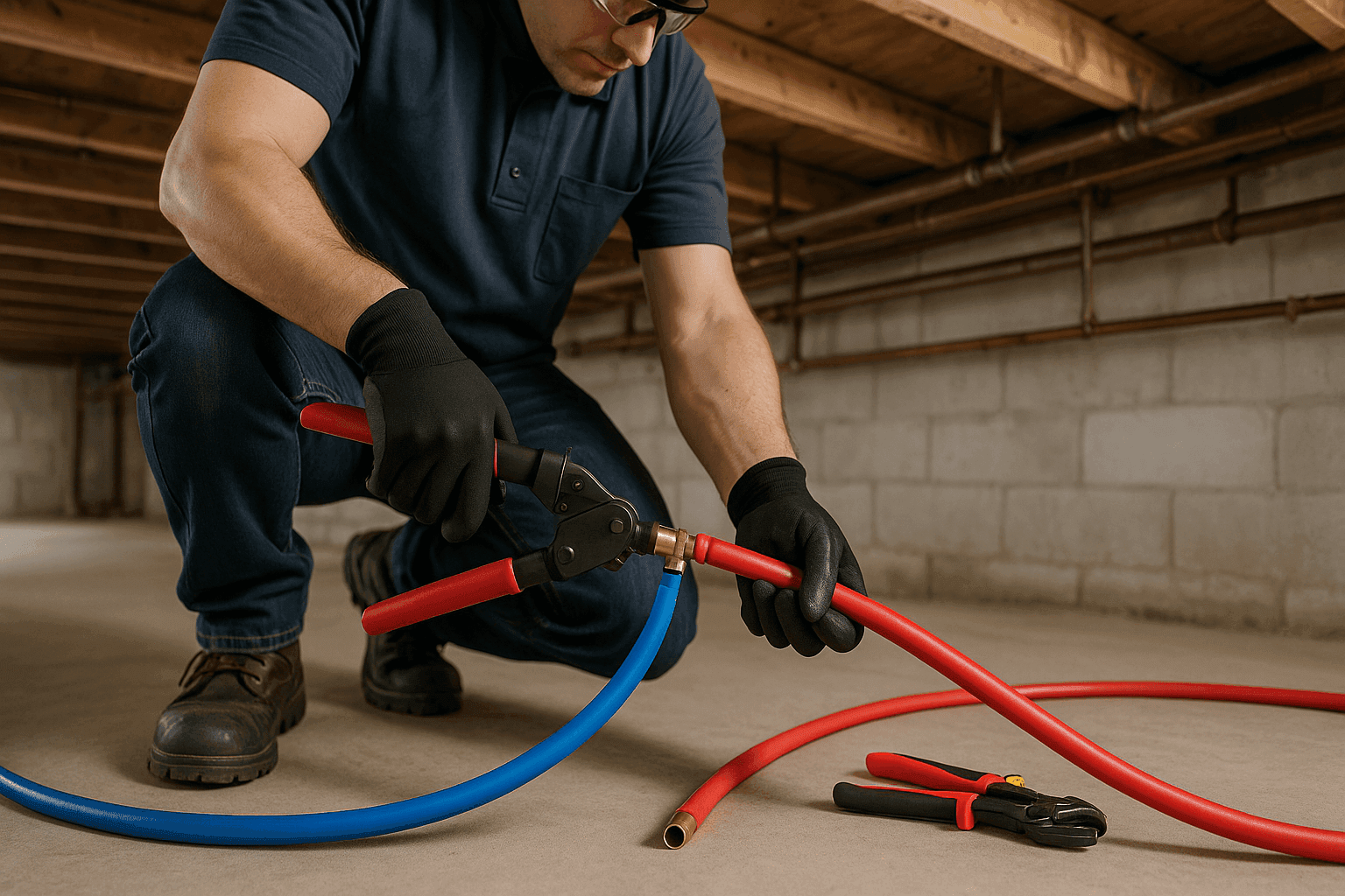 Plumber replacing old pipes with new PEX tubing in home crawlspace