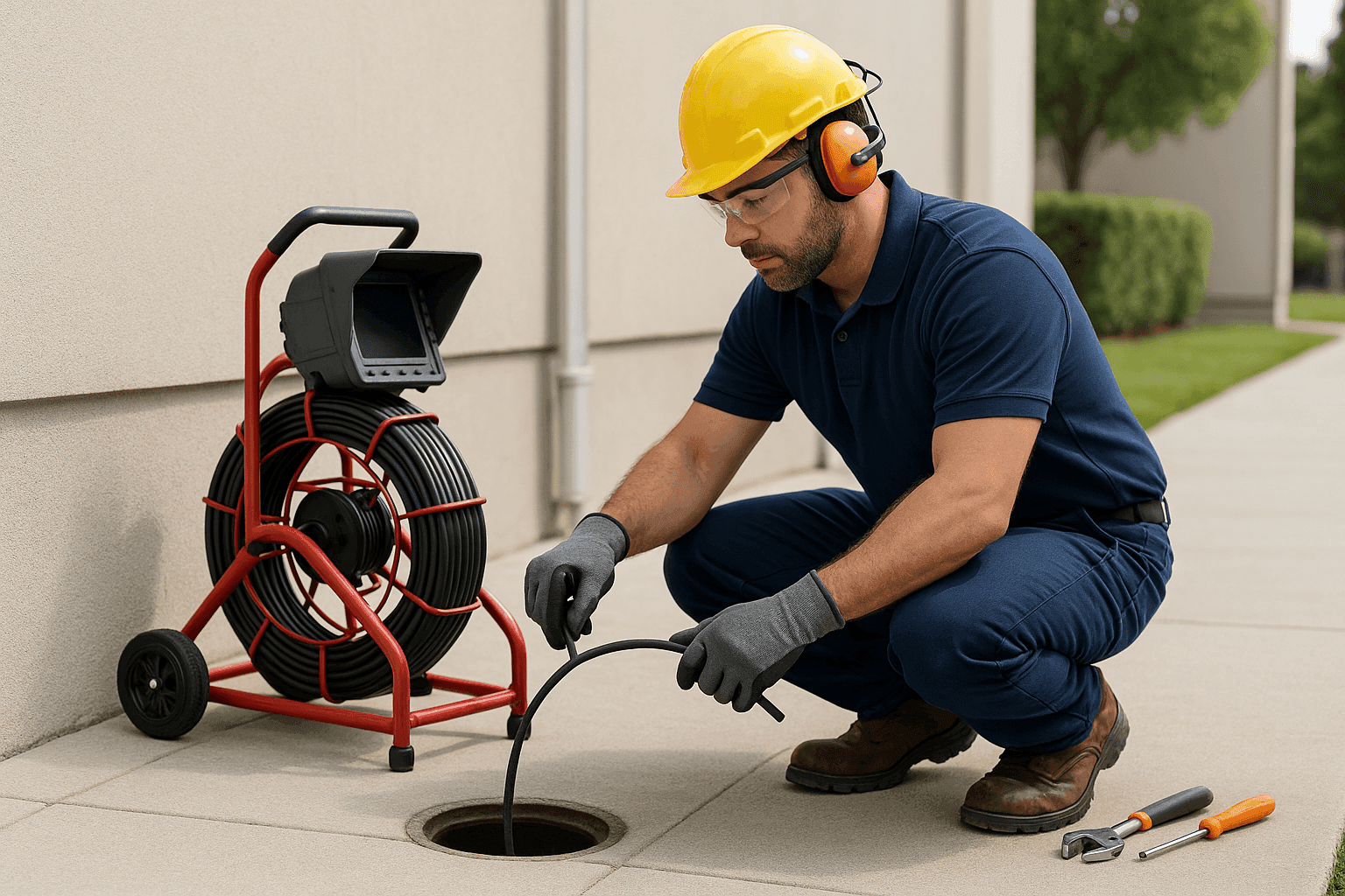 Sewer inspection camera being fed into outdoor drain line