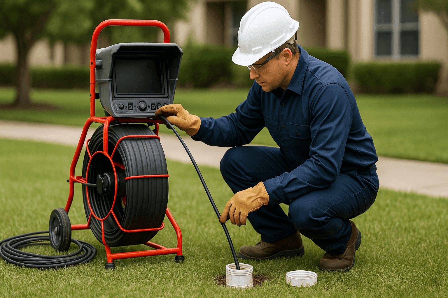 Plumber using video inspection equipment on an outdoor sewer cleanout