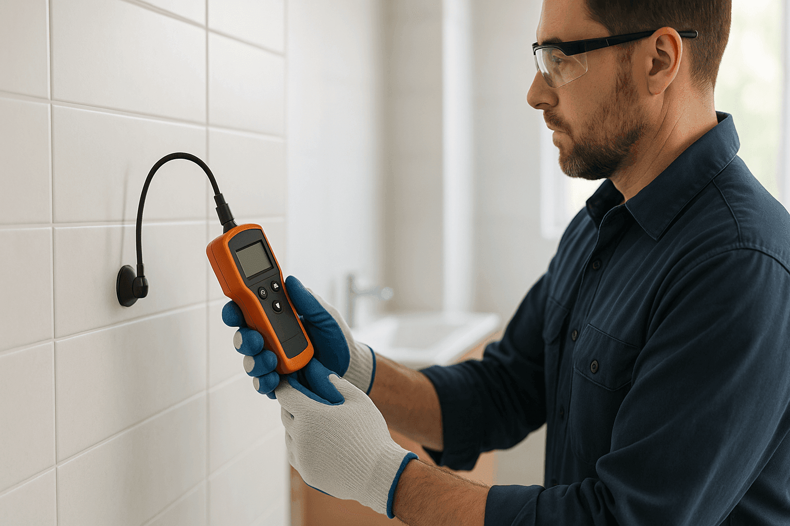 Technician using electronic leak detection tool on bathroom wall