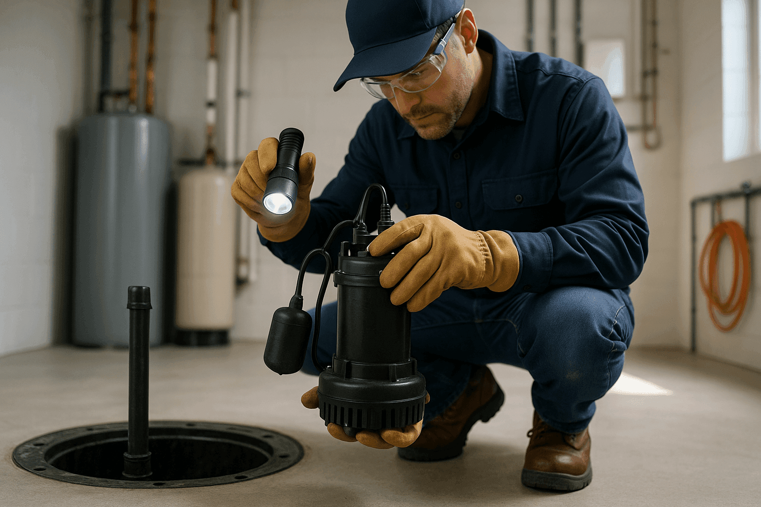 Plumber maintaining a sump pump in a finished basement utility room
