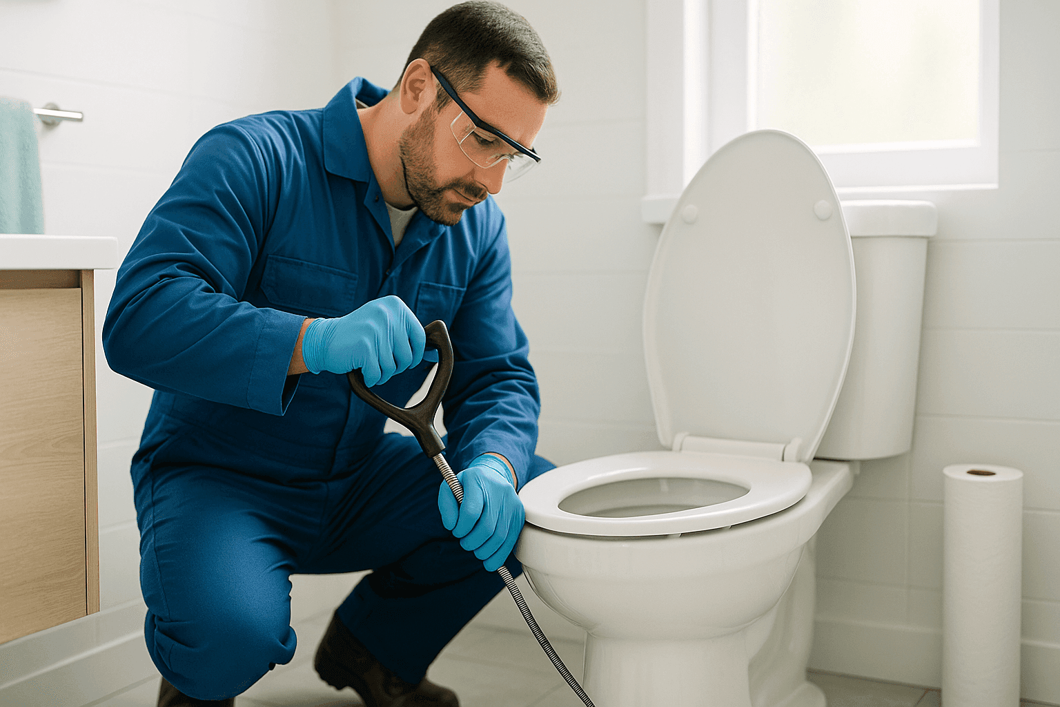 Plumber using toilet auger to unclog residential toilet