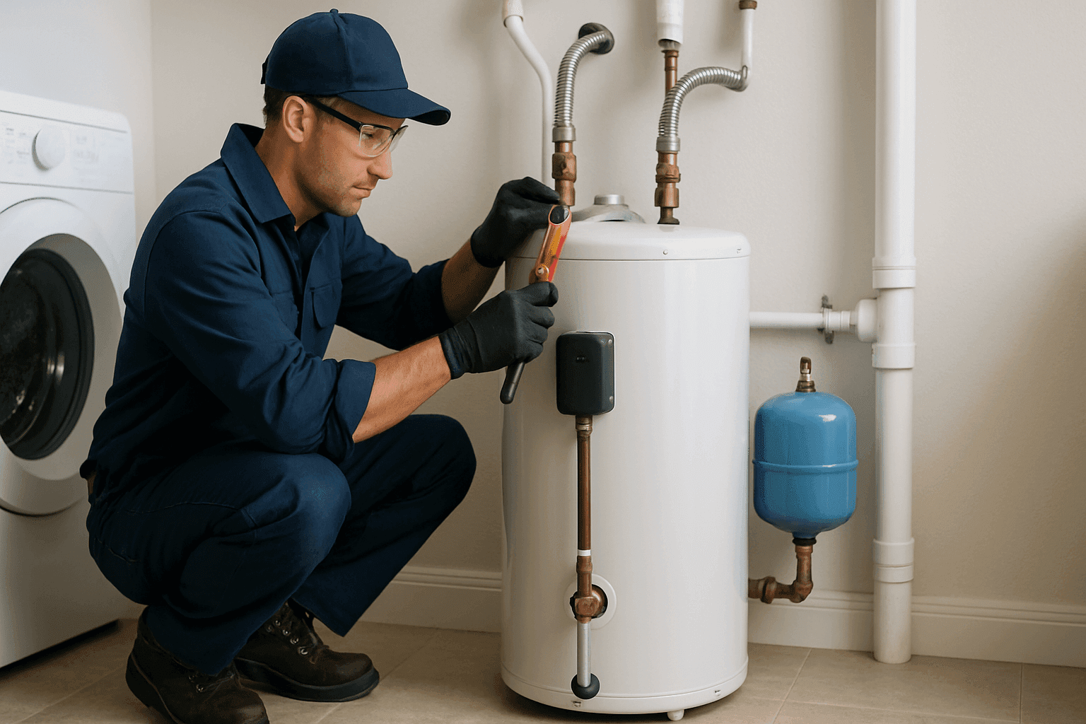 Technician servicing a residential water heater unit in a utility room