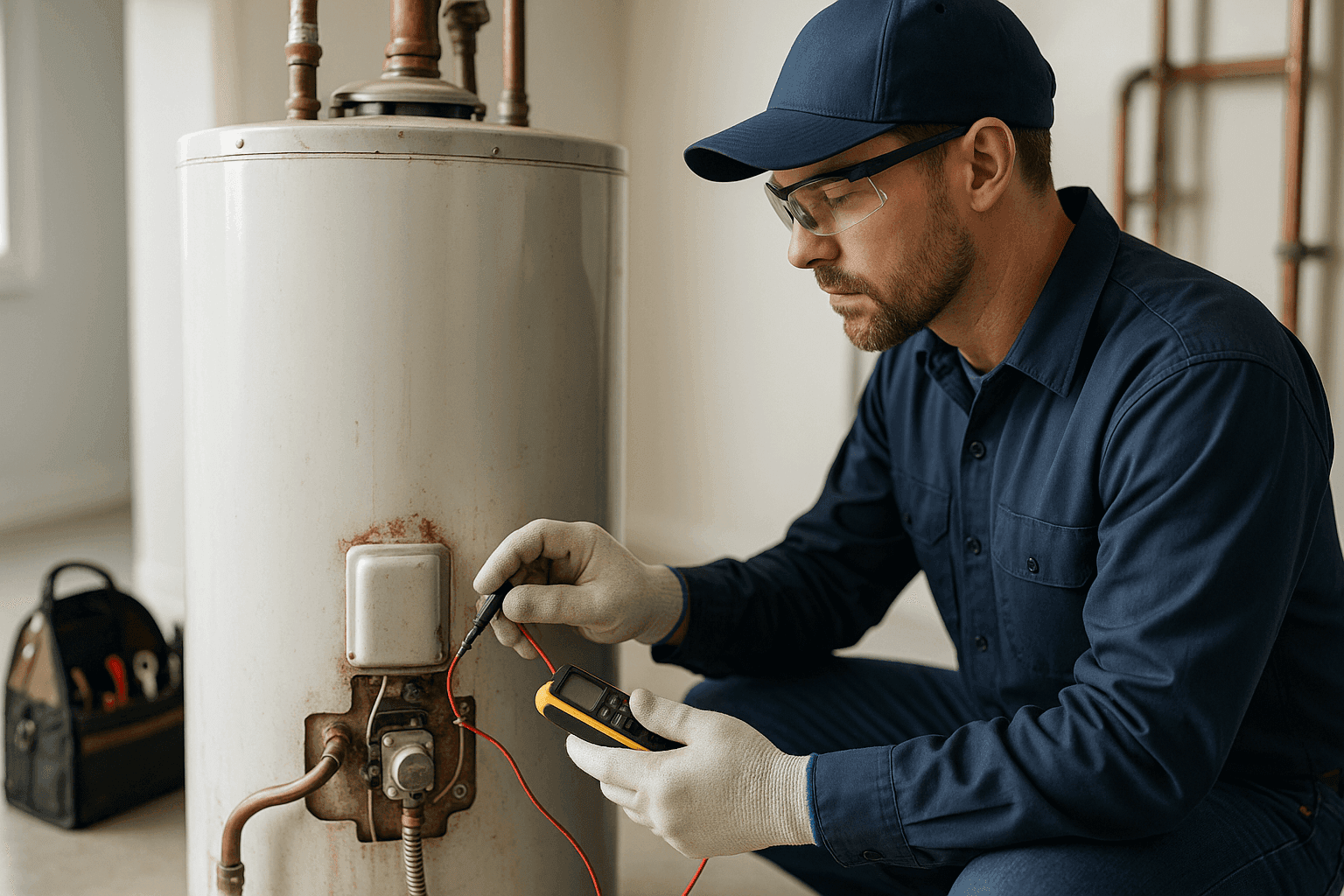 Plumber inspecting an old water heater in a utility room